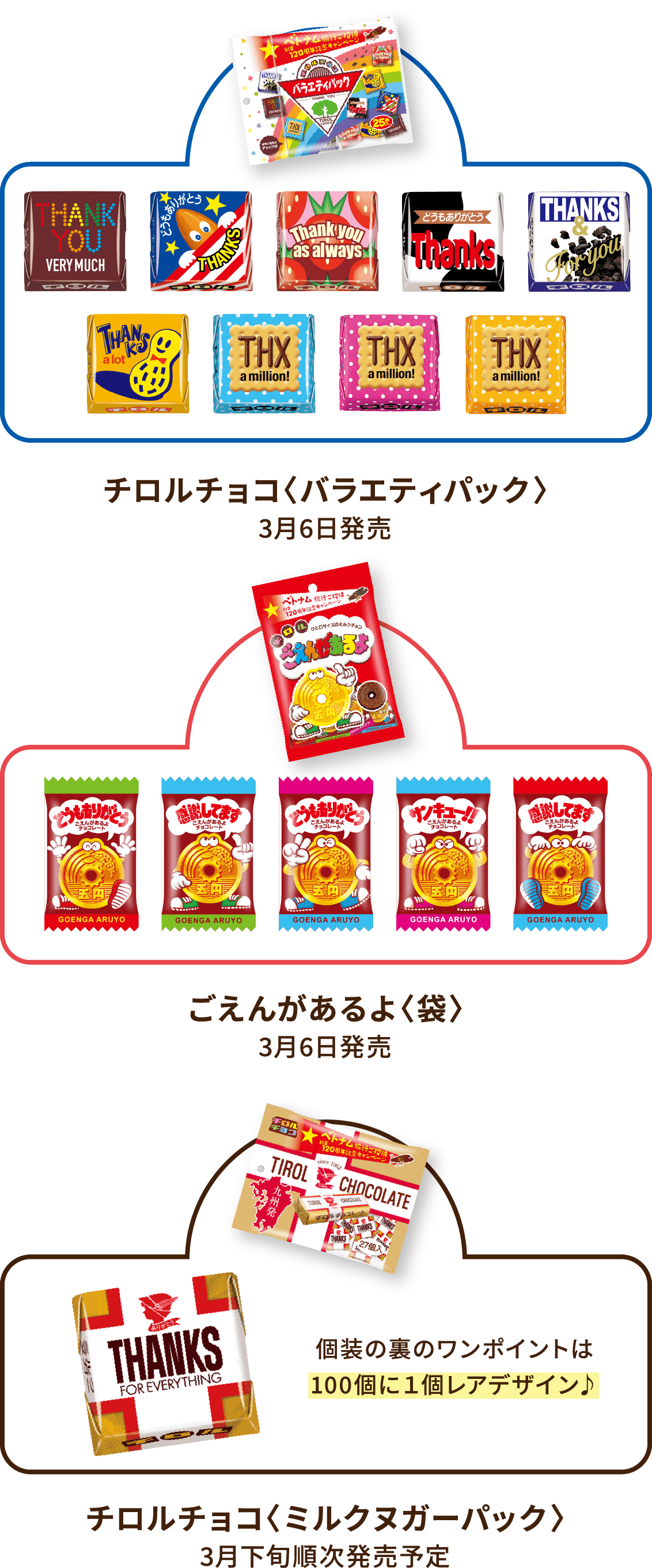 チロルチョコ〈バラエティパック〉3月6日発売 ごえんがあるよ〈袋〉3月6日発売 チロルチョコ〈ミルクヌガーパック〉3月下旬順次切り替え予定 