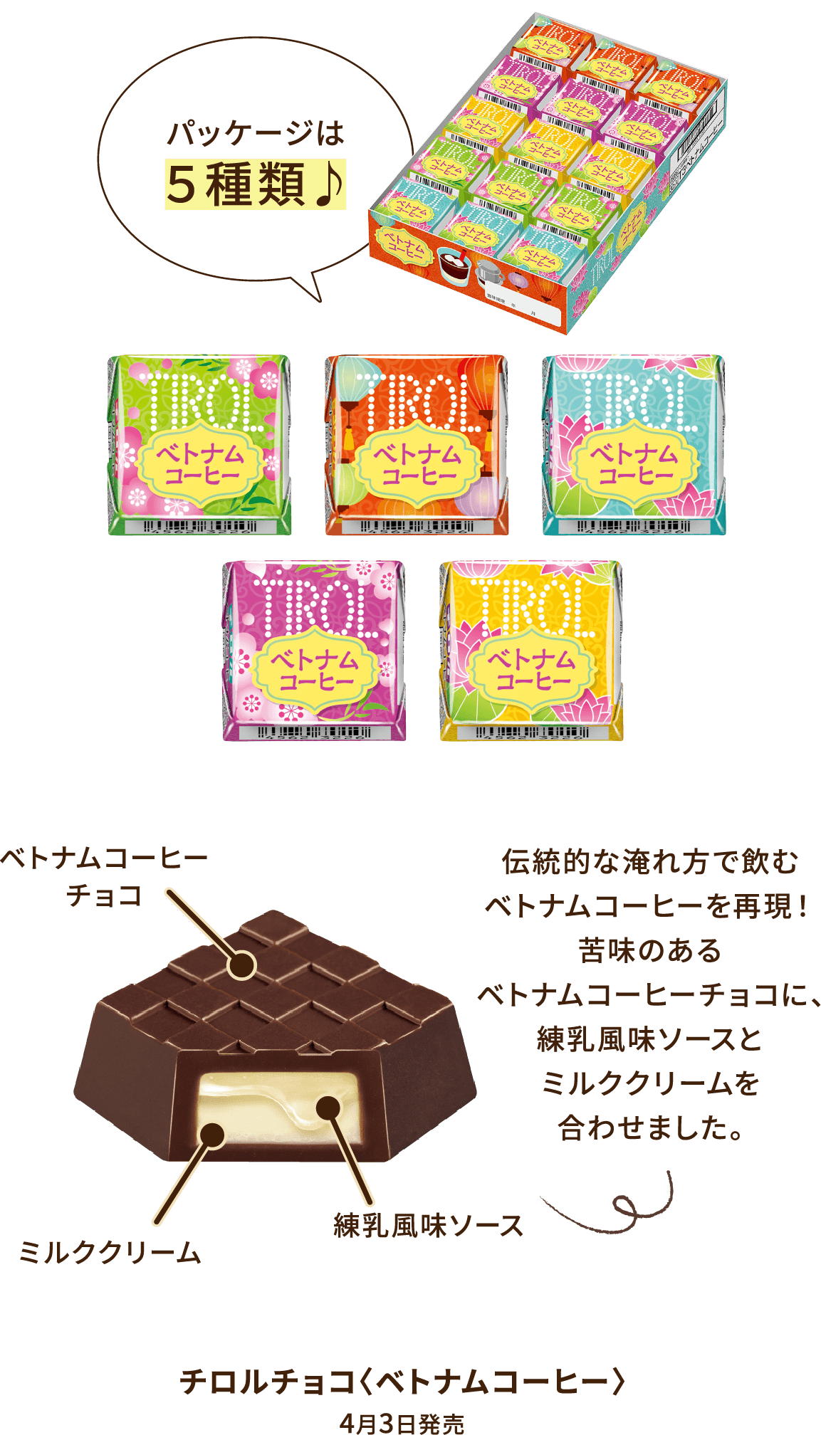 チロルチョコ〈ベトナムコーヒー〉4月3日発売
									伝統的な淹れ方で飲むベトナムコーヒーを再現！苦味のあるベトナムコーヒーチョコに、濃厚な練乳風味ソースとミルククリームを合わせました。