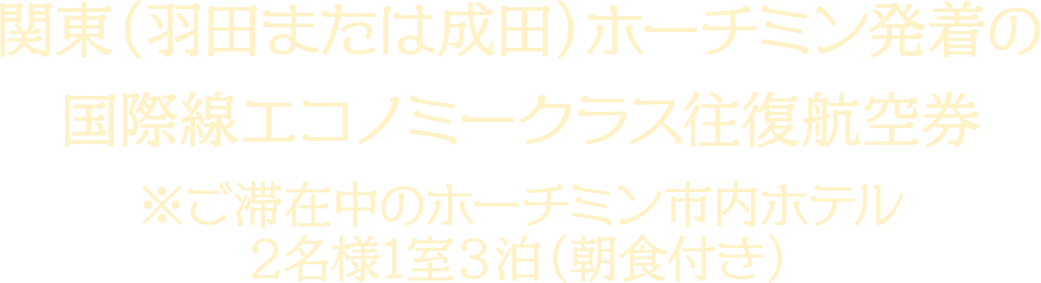 関東（羽田または成田）ホーチミン発着の国際線エコノミークラス往復航空券 ※ご滞在中のホーチミン市内ホテル2名様1室3泊（朝食付き）